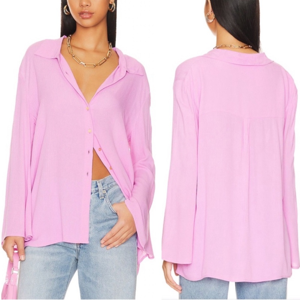 Lovers + Friends Whitney Beach Button Down Shirt in Crinkle Pink